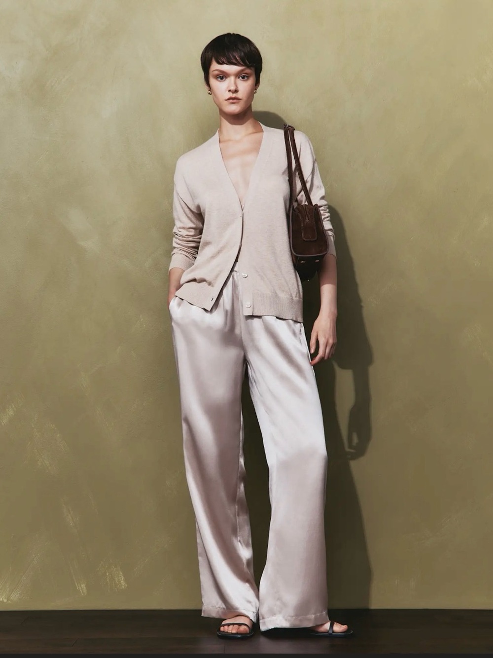 Quince Satin Wide-Leg Pants in Pale Beige